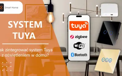 System Tuya integruje oświetlenie w domu. Na ekranie telefonu widoczne logo Tuya, Zigbee, Wi-Fi i Bluetooth.