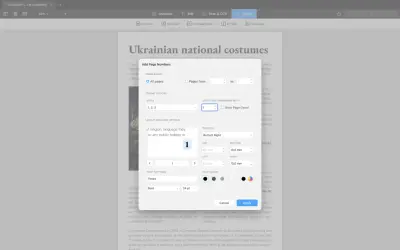 Ustawianie numerowania stron PDF. Okno dialogowe pozwala wybrać zakres stron, styl, pozycję i formatowanie numerów.