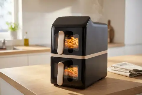 Czarny, dwupoziomowy air fryer z frytkami i łososiem w środku. To najlepszy air fryer do szybkiego przygotowania posiłków.