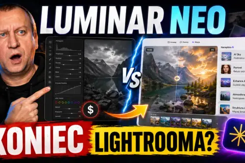 Mężczyzna z zaskoczoną miną porównuje edycję zdjęć w programie **Luminar** Neo z innymi narzędziami.