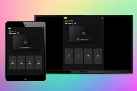 Tablet i telewizor Samsung z aplikacją do streamingu. Możliwość przesyłania ekranu, muzyki, zdjęć i filmów dzięki funkcji airplay.