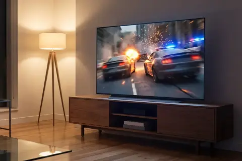 Nowoczesny salon z telewizorem 65 cali, na którym trwa dynamiczna scena pościgu samochodowego. Idealny do filmów i gier.