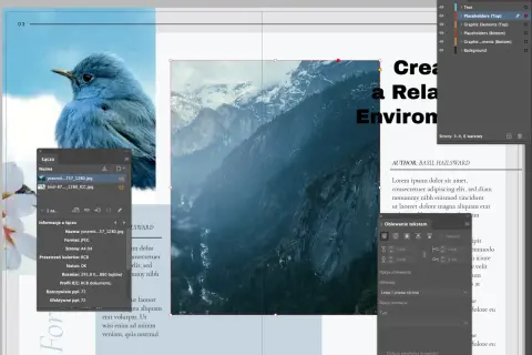 Projekt strony w **Adobe InDesign** z ptakiem i górami. Panel "Łącza" pokazuje pliki graficzne.