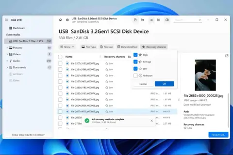 Program Disk Drill pokazuje wyniki skanowania dysku USB SanDisk. Widoczne są nazwy plików, szanse odzyskania i podgląd jednego z nich.