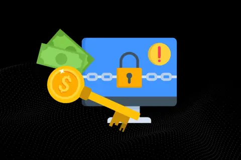 Klucz do odblokowania danych po ataku ransomware. Komputer z kłódką, pieniądze i złoty klucz symbolizują okup.