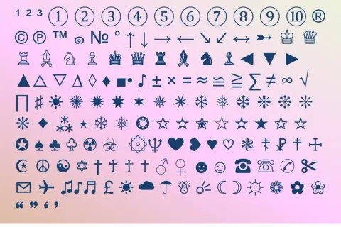 Kolekcja znaków specjalnych na klawiaturze: liczby, symbole, figury, symbole muzyczne, matematyczne, szachowe, religijne, emotikony i inne.