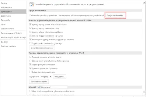 Ustawienia autokorekty w programie Word. Kliknij "Opcje Autokorekty", aby dowiedzieć się, jak wyłączyć autokorektę.