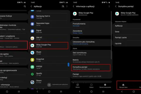 Szukasz informacji o **sklep play aktualizacja**? Na zrzutach ekranu widać ścieżkę do ustawień aplikacji Sklep Google Play, gdzie można sprawdzić zajmowane miejsce i wyczyścić dane.