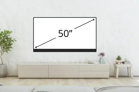 Nowoczesny telewizor 50 cali, idealny do salonu. Wymiary w cm dopasowane do każdej przestrzeni.