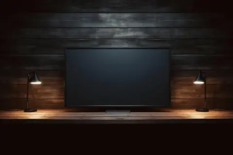 Ciemny ekran telewizora, dwie lampki po bokach. Brak obrazu w telewizorze, tylko pustka.