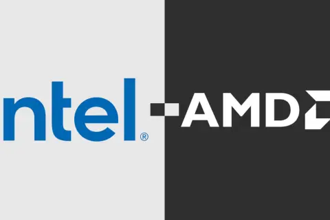 Logo Intel i AMD obok siebie, symbolizujące odwieczną rywalizację o najlepszy procesor.