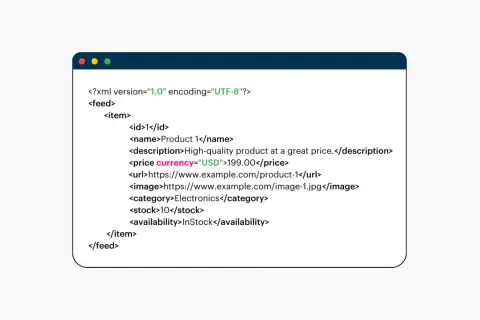Fragment kodu xml opisujący produkt: ID, nazwę, cenę, URL, obraz, kategorię, stan magazynowy i dostępność.