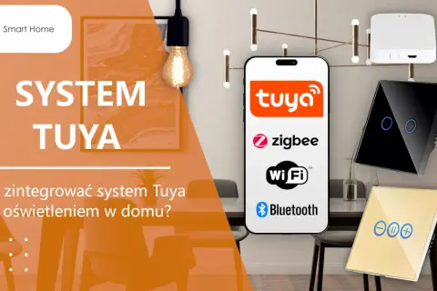 System Tuya integruje oświetlenie w domu. Na ekranie telefonu widoczne logo Tuya, Zigbee, Wi-Fi i Bluetooth.