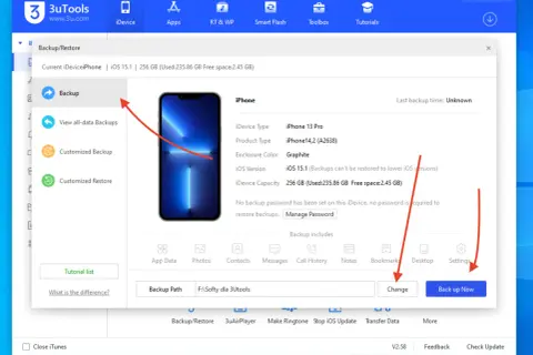 Zrzut ekranu z programu 3uTools, pokazujący opcję tworzenia kopii zapasowej iPhone'a. Widoczny przycisk "Back up Now" do wykonania **backup iPhone**.