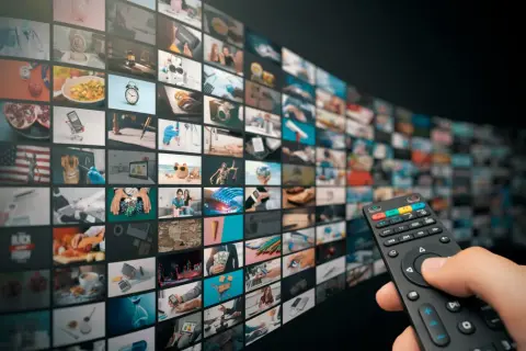 Dłoń trzyma pilota, wybierając treści z zakrzywionego ekranu pełnego miniatur, jak w interaktywnym menu HbbTV.
