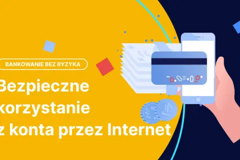 Grafika ilustruje bezpieczenstwo w internecie. Dłoń trzyma smartfon z kartą płatniczą, symbolizując bezpieczne bankowanie online.