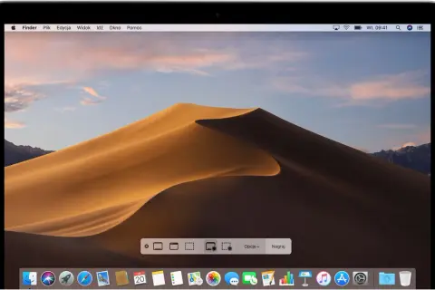 Narzędzie do nagrywania ekranu MacBook z opcjami wyboru obszaru nagrania i przyciskiem "Nagraj".
