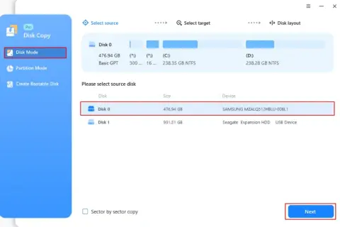 Interfejs programu do klonowania dysku. Wybrano tryb "Disk Mode", zaznaczono dysk źródłowy (Disk 0, Samsung 512GB) do skopiowania.