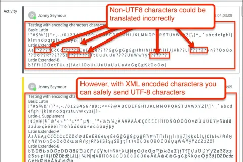 Plik XML z błędami kodowania znaków, gdzie niektóre znaki UTF-8 są nieprawidłowo wyświetlane, a inne, zakodowane, działają poprawnie.