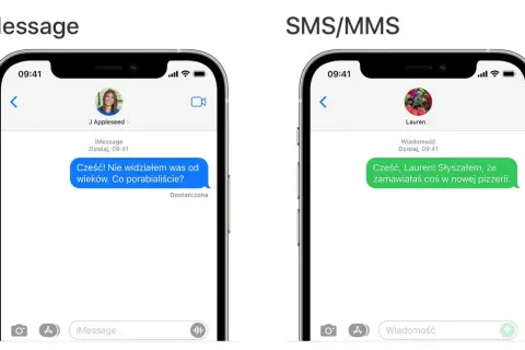 Porównanie iMessage i SMS/MMS. Na iMessage niebieska bańka z tekstem "Cześć! Nie widziałem was od wieków. Co porabialiście?". Na SMS/MMS zielona bańka z tekstem "Cześć, Lauren! Słyszałem, że zamawiałaś coś w nowej pizzerii.