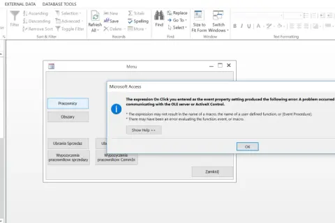 Błąd w Microsoft Access: problem z komunikacją serwera OLE lub kontrolki ActiveX. Błąd oceny makra lub funkcji.