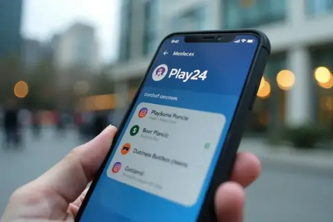 Dłoń trzyma smartfon z aplikacją Play24, na której widać listę kont i pakietów.