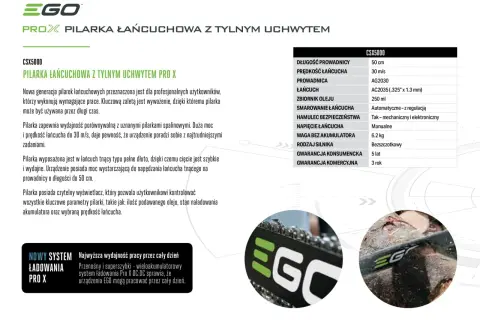 Pilarka łańcuchowa EGO CSX5000 z tylnym uchwytem, idealna do wymagających prac. Wydajność porównywalna z pilarkami spalinowymi.