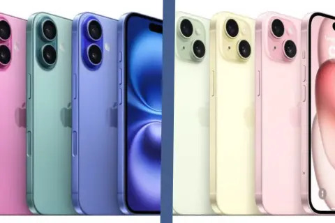 Rząd kolorowych iPhone'ów, od różowego po niebieski, zastanawiasz się: iPhone 15 czy 16?
