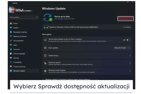 Ekran Ustawień Windows 11, sekcja Windows Update. Widoczna informacja o ostatniej aktualizacji i opcje zarządzania aktualizacjami.