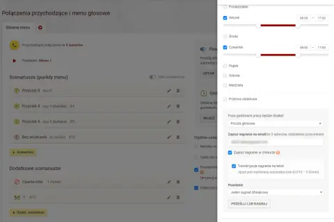 Ustawienia poczty głosowej: jak odsłuchać nagrania, transkrypcja na tekst i powiadomienia email. Konfiguracja godzin pracy.