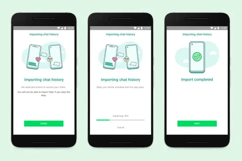 Jak przenieść WhatsApp na nowy telefon? Ekran importu historii czatów, postęp 30%, a na końcu potwierdzenie zakończenia.