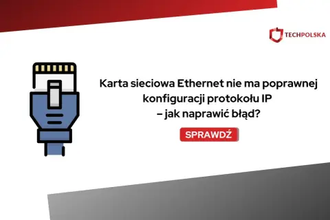 Karta sieciowa Ethernet nie ma poprawnej konfiguracji protokołu IP. Ikona kabla sieciowego i przycisk "Sprawdź" sugerują rozwiązanie problemu.