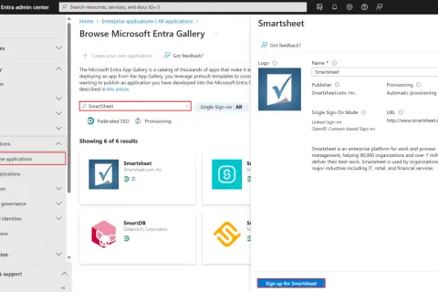 Panel boczny Microsoft Entra z opcją "Enterprise applications" jest aktywny. Wyszukiwarka pokazuje wyniki dla "Smartsheet", sugerując konfigurację oidc.