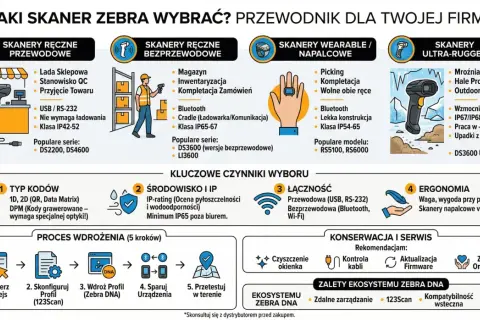Skanery Zebra Ultra-Rugged, odporne na upadki i ekstremalne warunki, z klasą ochrony IP67/IP68, idealne do pracy w mroźniach i na halach produkcyjnych.