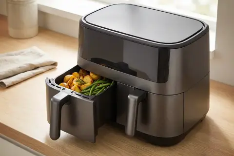 Nowoczesny air fryer z szufladą pełną chrupiących ziemniaczków i fasolki szparagowej. Idealny wybór, gdy zastanawiasz się, jaki wybrać.