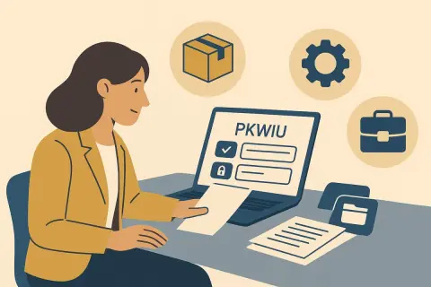 Kobieta przy laptopie z napisem PKWIU. Ikony: paczka, koło zębate, teczka. To może oznaczać, co to znaczy subskrybuj.