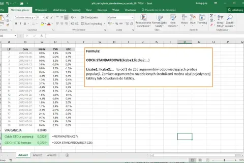 W Excelu formuła ODCH.STANDARDOWE oblicza odchylenie standardowe dla próby danych, np. z kolumny C.