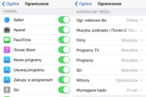 Ustawienia kontroli rodzicielskiej na telefonie. Pozwala zarządzać dostępem do aplikacji, treści i funkcji, np. Safari, Aparat, Filmy.