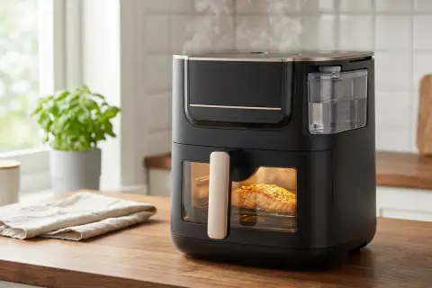 Nowoczesny air fryer z widocznym w środku łososiem, idealny do zdrowego gotowania. Sprawdź nasz ranking air fryer!
