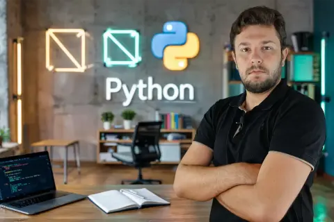 Mężczyzna w czarnej koszulce stoi przed logo Pythona. Na biurku laptop z kodem, notatnik. W tle neonowe kształty, symbolizujące polimorfizm w programowaniu.