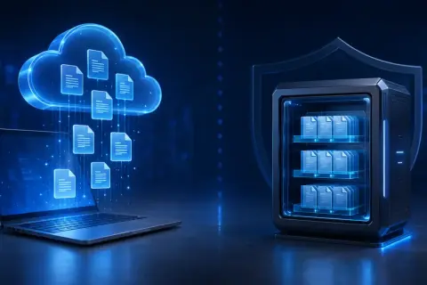 Chmura z dokumentami nad laptopem, a obok sejf z danymi. To wizualizacja, jak działa OneDrive – bezpieczne przechowywanie plików.