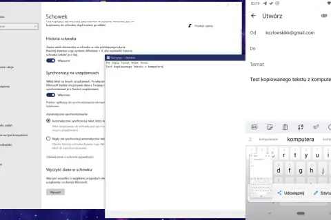Ustawienia schowka Windows. Historia schowka pozwala na zapisywanie i wklejanie elementów, a synchronizacja ułatwia kopiowanie tekstu z komputera na inne urządzenia.