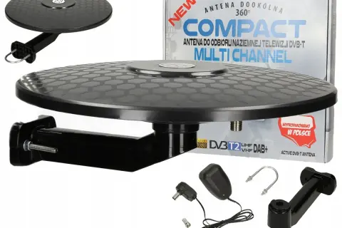 Antena dookólna DVB-T Compact Multi Channel, idealna do odbioru telewizji naziemnej. W zestawie zasilacz i uchwyt.