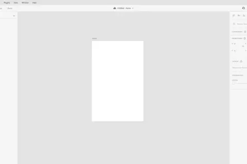 Interfejs programu Adobe XD z pustym obszarem roboczym "Home" i panelami po prawej stronie, gotowy do projektowania.