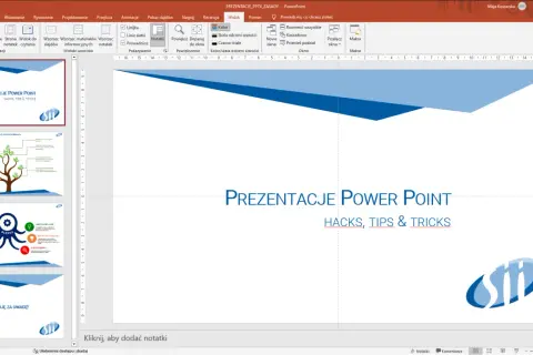 Prezentacja w programie PowerPoint z hasłami "Hacks, Tips & Tricks". Widok edycji z miniaturami slajdów po lewej.