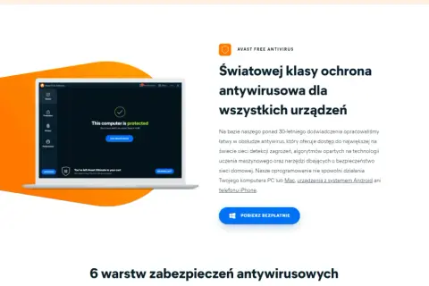 Laptop z interfejsem programu antywirusowego Avast Free Antivirus, pokazujący status "This computer is protected".