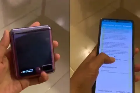 Składany telefon Samsung Galaxy Z Flip z fioletowym wykończeniem. Na ekranie widoczny jest tekst "Information Security Solution", który wyjaśnia, czym jest Samsung Pass.