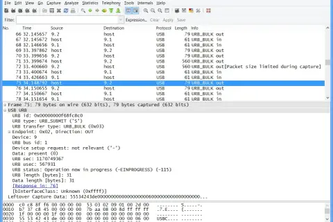 Analiza ruchu USB przez sniffer. Widoczny pakiet URB_BULK out, wysłany z hosta do urządzenia.