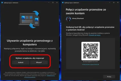 Jak połączyć telefon z laptopem? Aplikacja "Łącze z telefonem" pozwala na synchronizację. Wybierz Android lub iPhone, zeskanuj kod QR.
