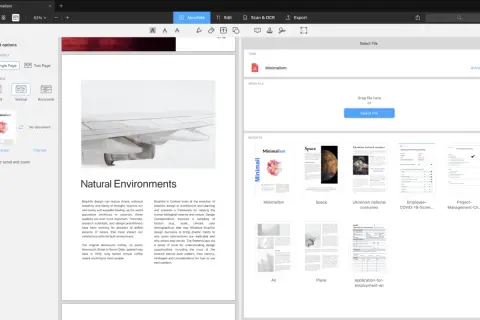 Jak połączyć pliki PDF? Interfejs programu do edycji PDF pokazuje opcje układu strony, podziału widoku i ostatnio otwierane dokumenty, sugerując sposób na scalenie plików.